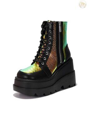Platform Ankle Boots Chunky Block Heel Women's Holographic Snakeskin Lace Up